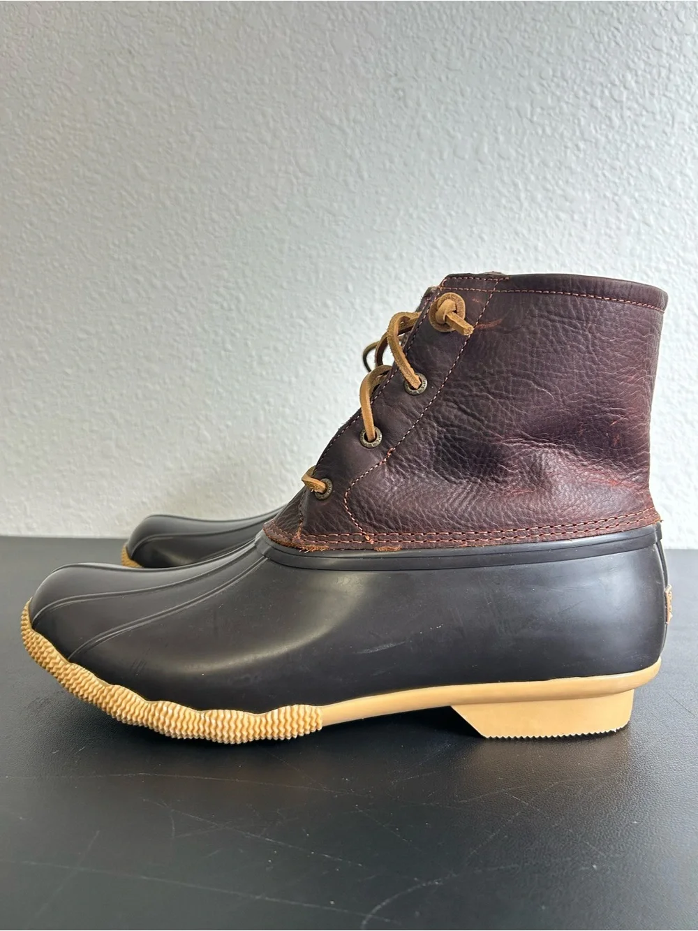 SPERRY TOP SIDER Saltwater Duck Boots Size 12 DARK BROWN LEATHER/BLACK